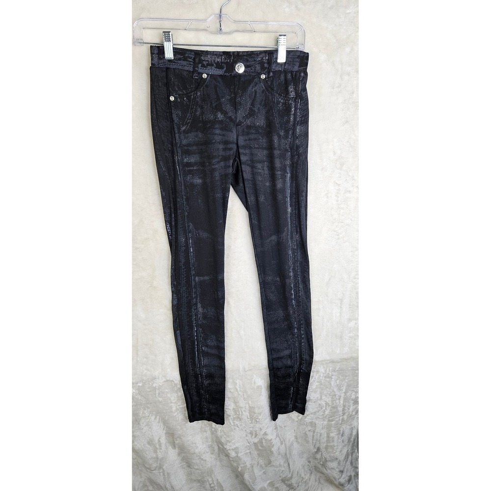 Honey Bun Womens Black Distressed Metallic Denim Print Leggings Jeggings Size M